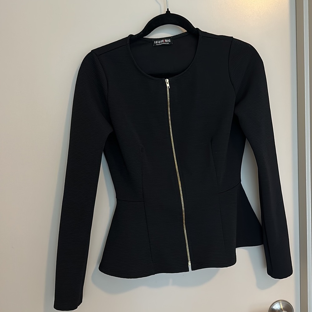 Black Zip Front Peplum Jacket/Top
